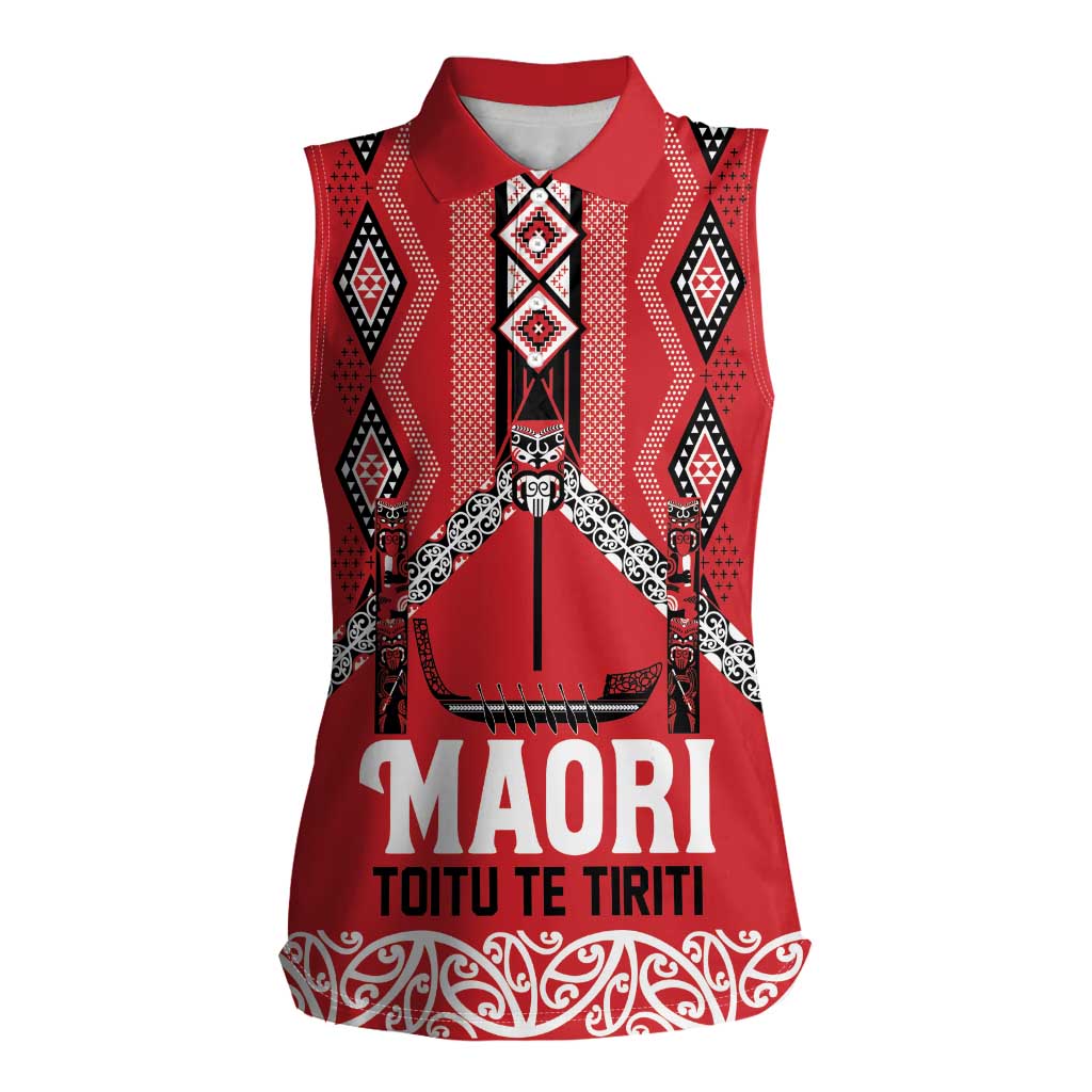 Toitu Te Tiriti Waitangi Women Sleeveless Polo Shirt Red Wharenui House LT9 Female Red - Polynesian Pride