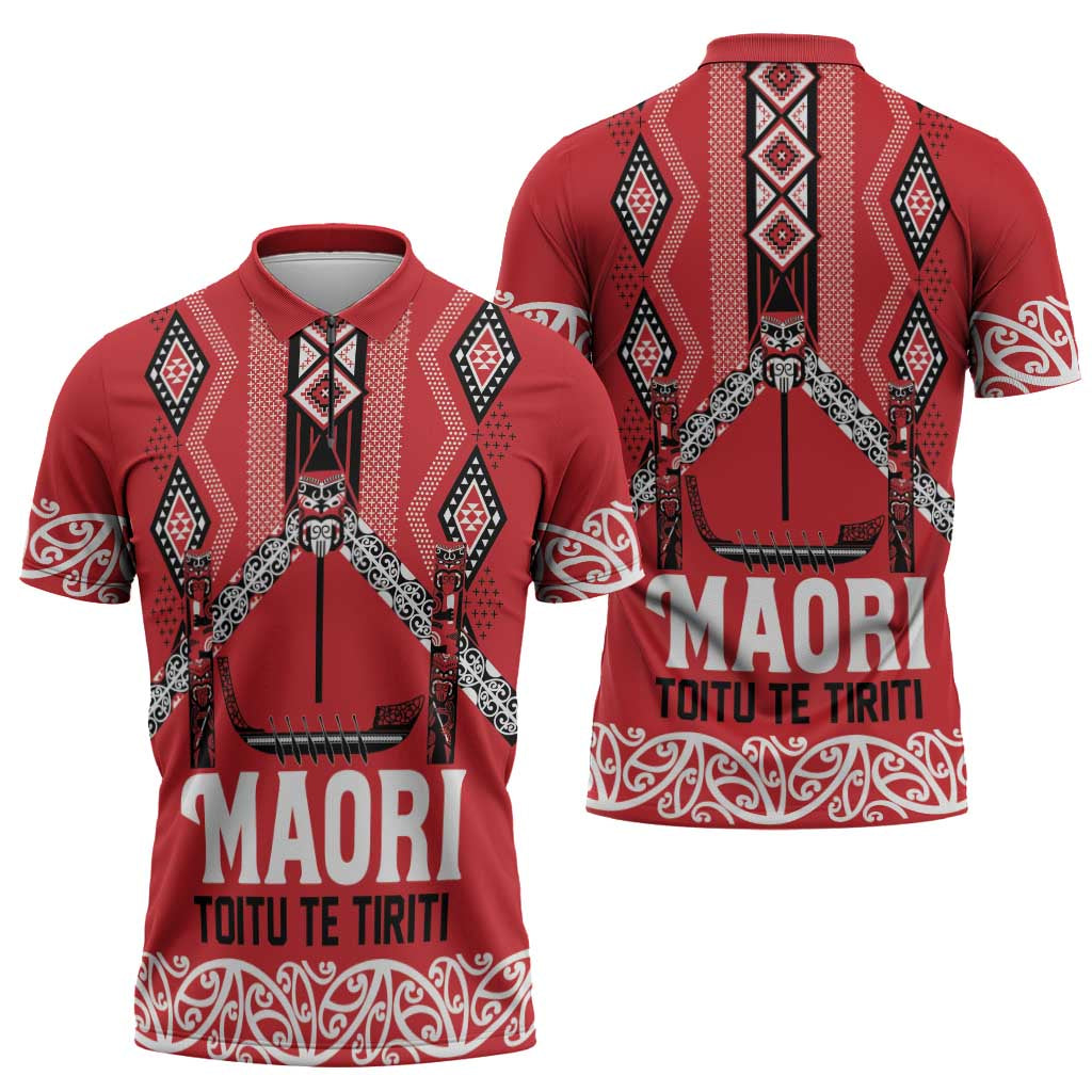 Toitu Te Tiriti Waitangi Zipper Polo Shirt Red Wharenui House LT9 - Polynesian Pride