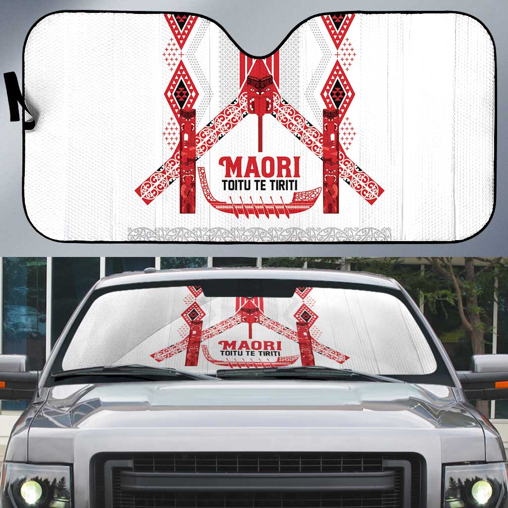 Toitu Te Tiriti Waitangi Auto Sun Shade White Wharenui House - Polynesian Pride