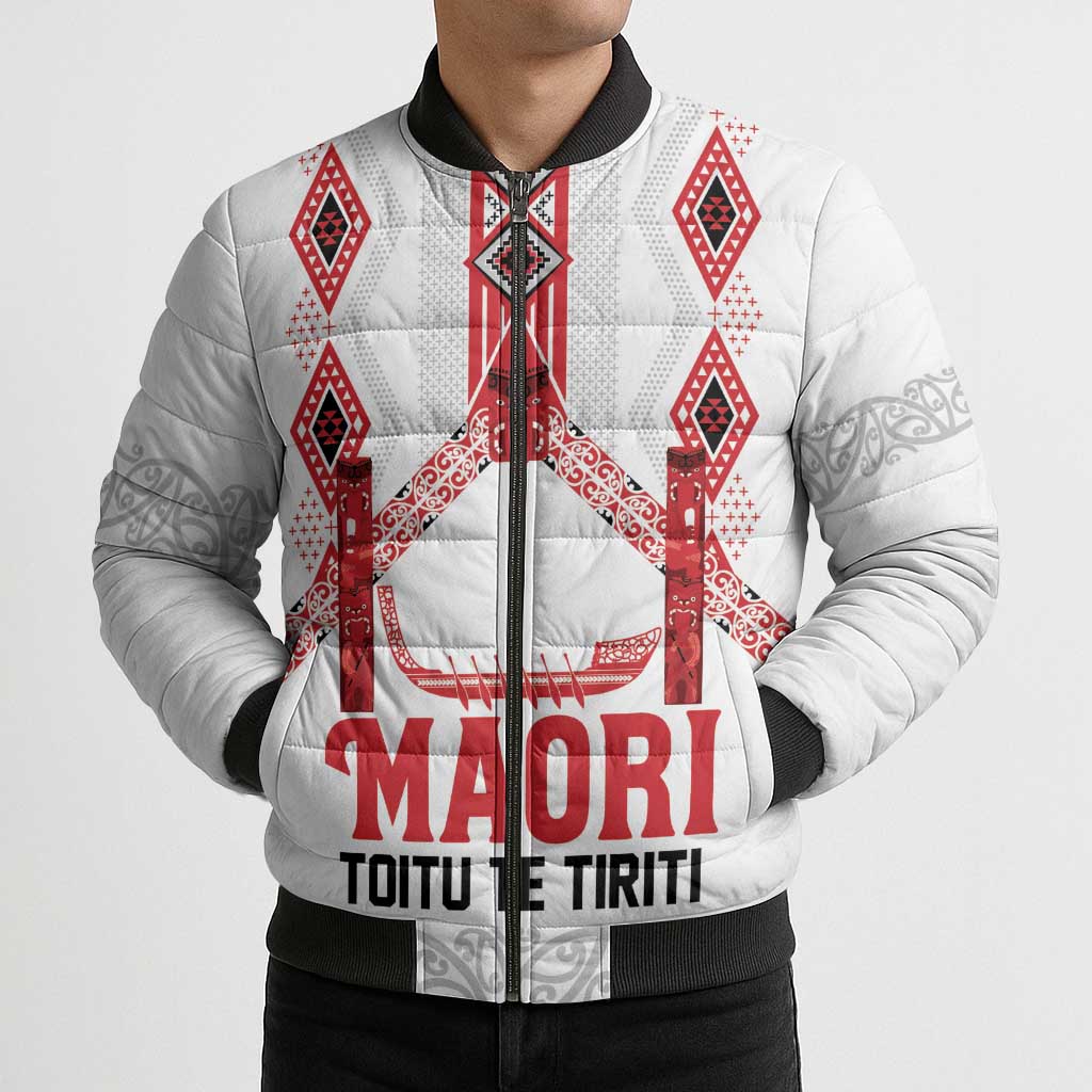 Toitu Te Tiriti Waitangi Bomber Puffer Jacket White Wharenui House LT9 - Polynesian Pride
