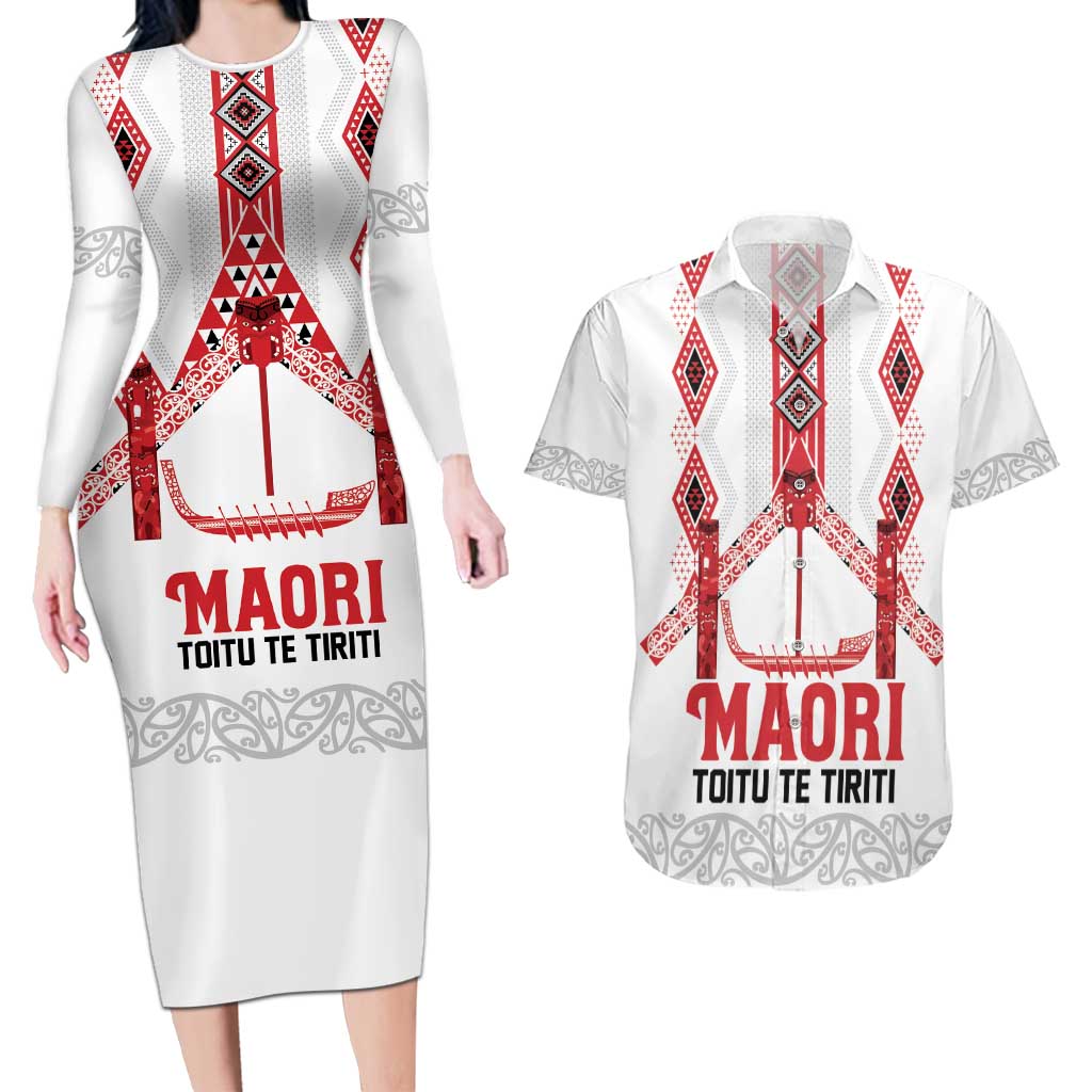 Toitu Te Tiriti Waitangi Couples Matching Long Sleeve Bodycon Dress and Hawaiian Shirt White Wharenui House - Polynesian Pride