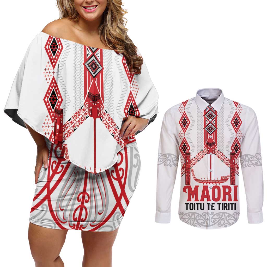 Toitu Te Tiriti Waitangi Couples Matching Off Shoulder Short Dress and Long Sleeve Button Shirt White Wharenui House LT9 white - Polynesian Pride