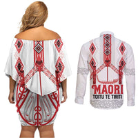 Toitu Te Tiriti Waitangi Couples Matching Off Shoulder Short Dress and Long Sleeve Button Shirt White Wharenui House LT9 - Polynesian Pride