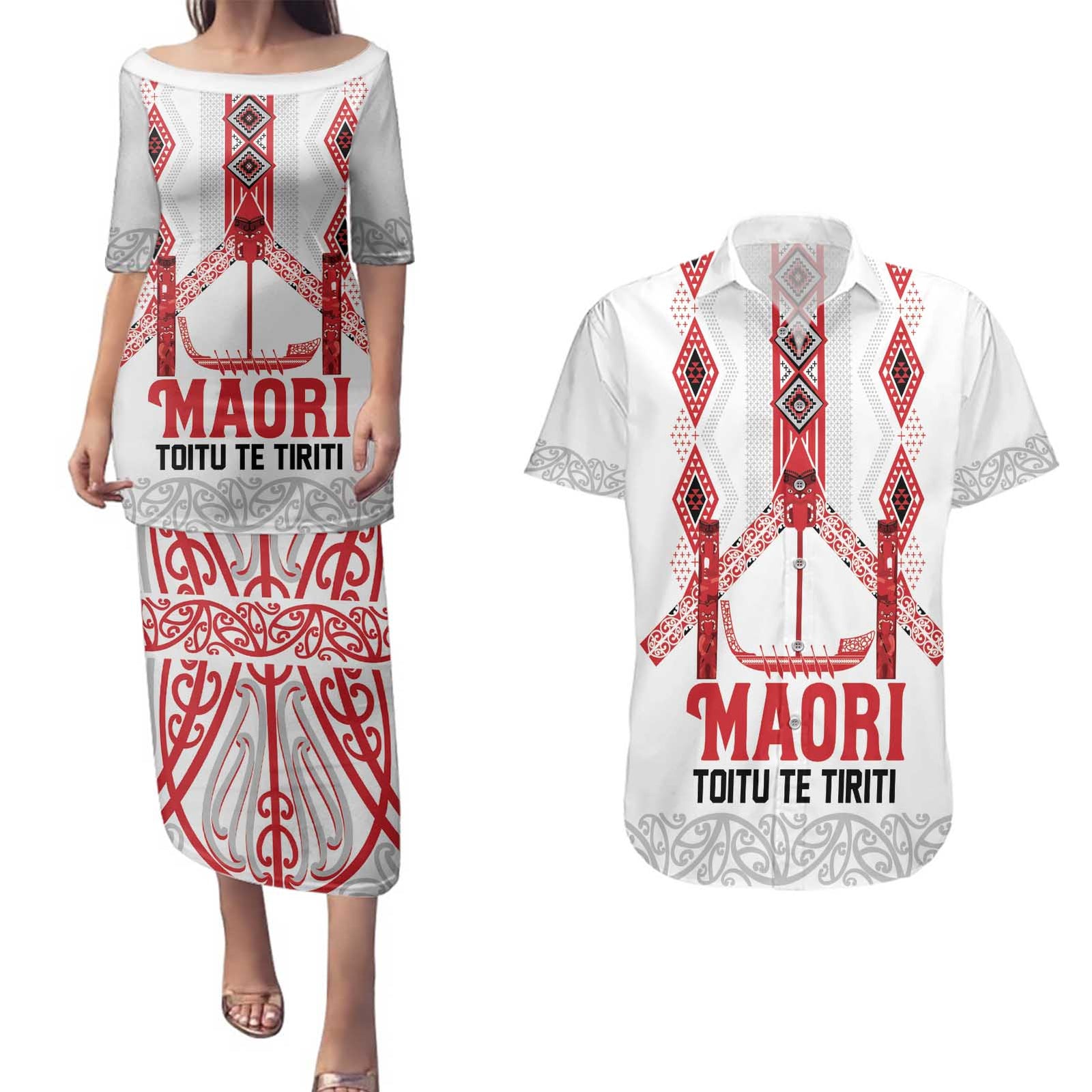 Toitu Te Tiriti Waitangi Couples Matching Puletasi and Hawaiian Shirt White Wharenui House - Polynesian Pride