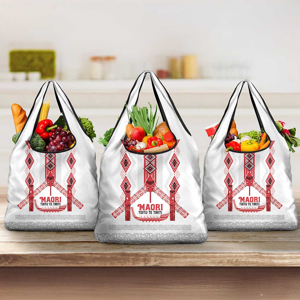 Toitu Te Tiriti Waitangi Grocery Bag White Wharenui House - Polynesian Pride
