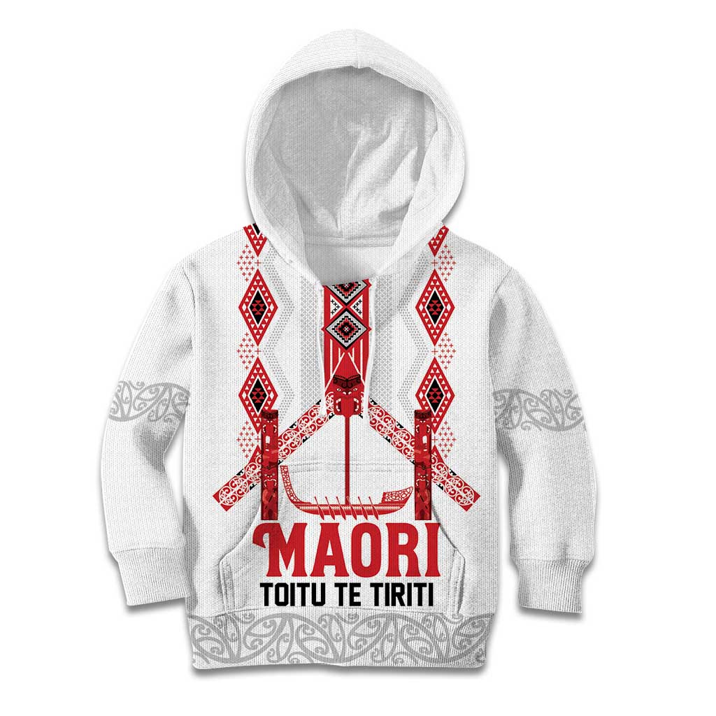 Toitu Te Tiriti Waitangi Kid Hoodie White Wharenui House LT9 Hoodie white - Polynesian Pride