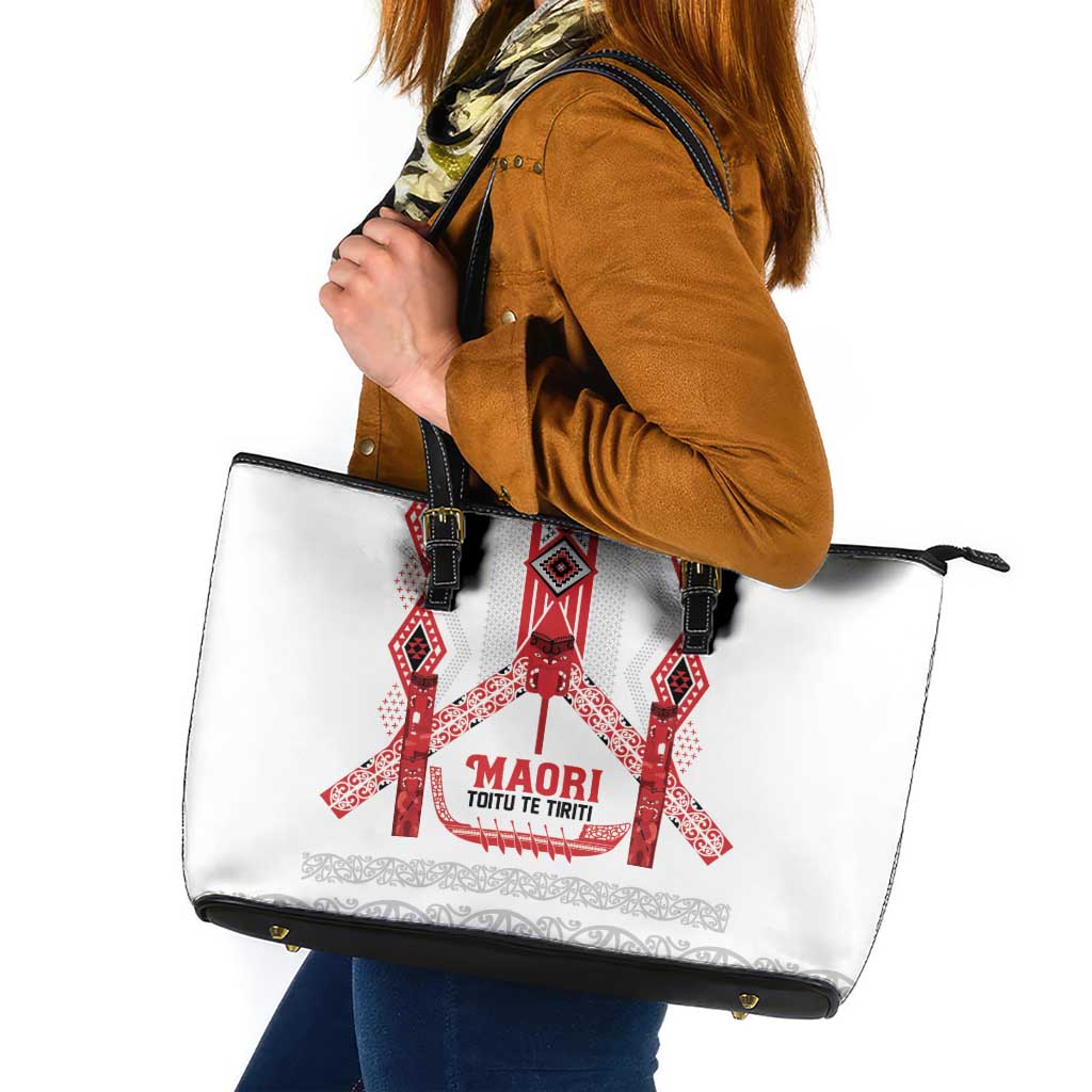 Toitu Te Tiriti Waitangi Leather Tote Bag White Wharenui House - Polynesian Pride