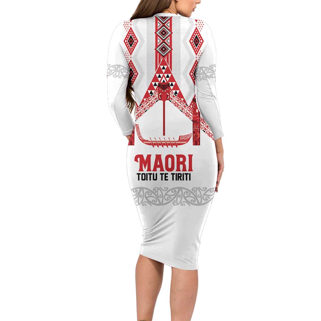 Toitu Te Tiriti Waitangi Long Sleeve Bodycon Dress White Wharenui House LT9 - Polynesian Pride