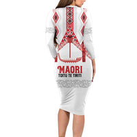 Toitu Te Tiriti Waitangi Long Sleeve Bodycon Dress White Wharenui House LT9 - Polynesian Pride