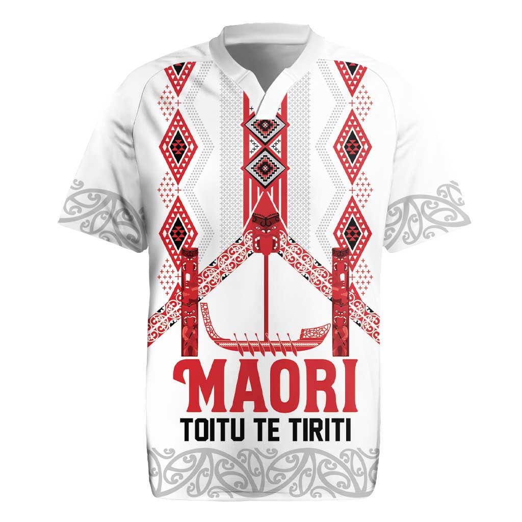 Toitu Te Tiriti Waitangi Rugby Jersey White Wharenui House - Polynesian Pride