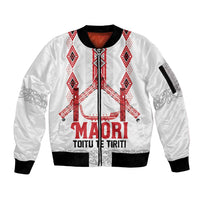 Toitu Te Tiriti Waitangi Sleeve Zip Bomber Jacket White Wharenui House LT9 Unisex white - Polynesian Pride