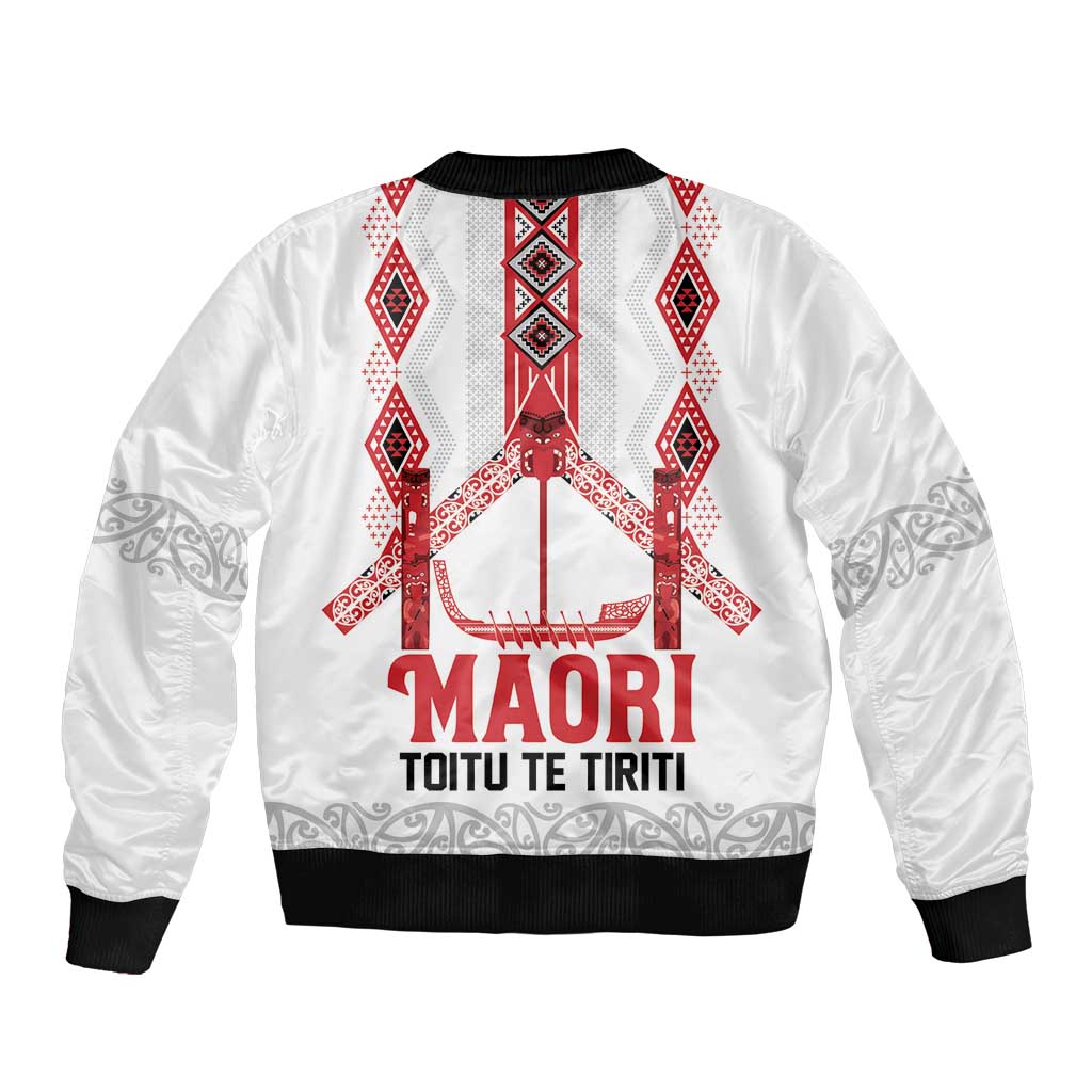 Toitu Te Tiriti Waitangi Sleeve Zip Bomber Jacket White Wharenui House LT9 - Polynesian Pride