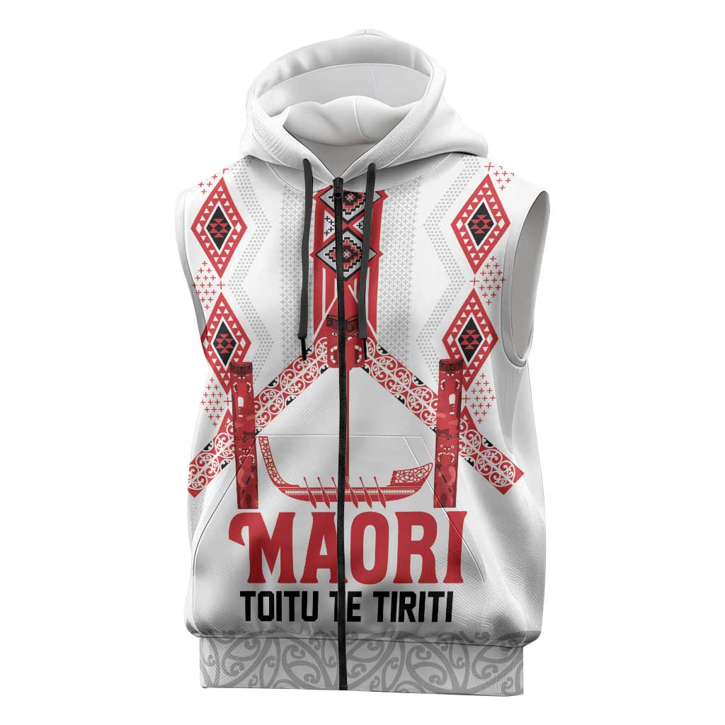 Toitu Te Tiriti Waitangi Sleeveless Zip Hoodie White Wharenui House LT9 white - Polynesian Pride