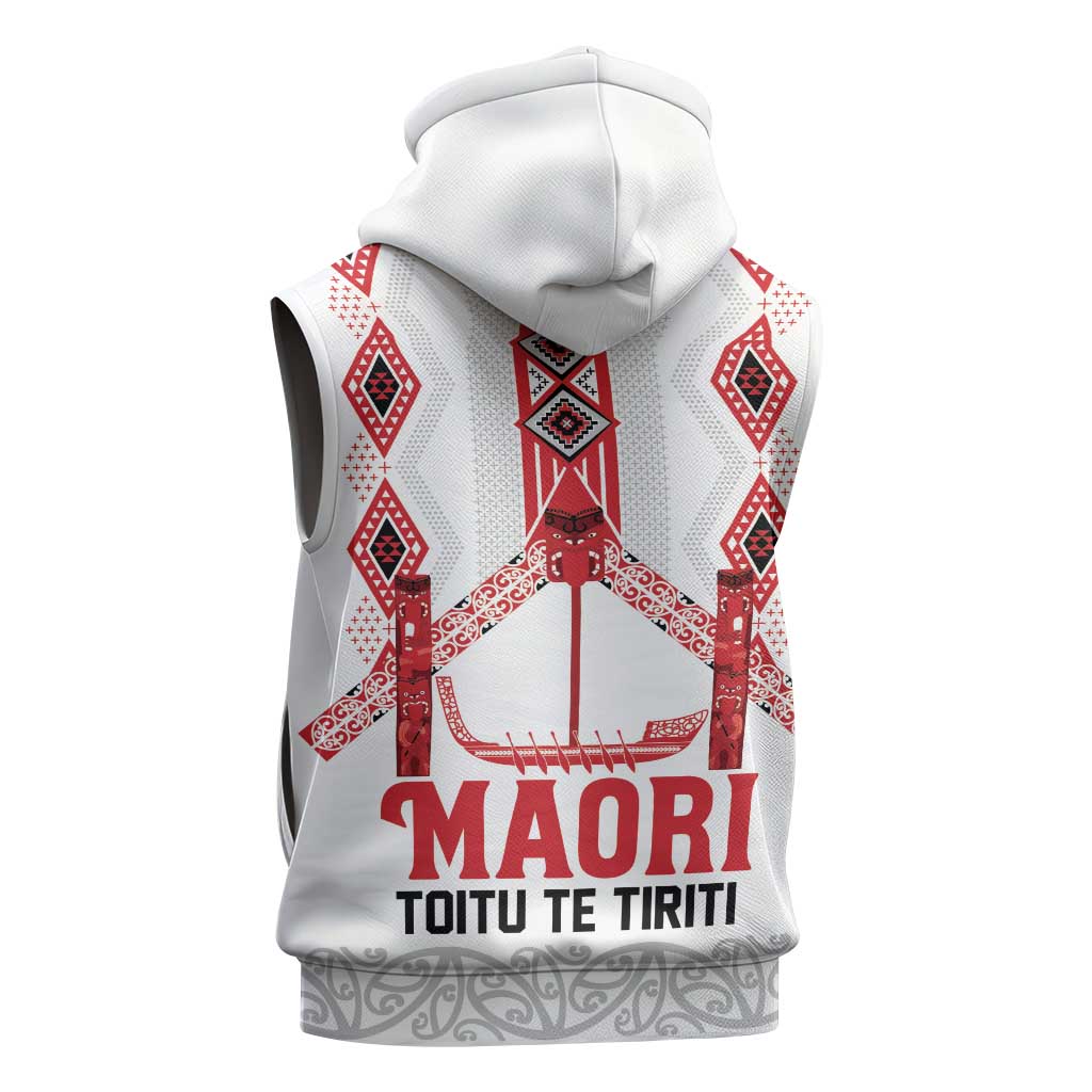 Toitu Te Tiriti Waitangi Sleeveless Zip Hoodie White Wharenui House LT9 - Polynesian Pride