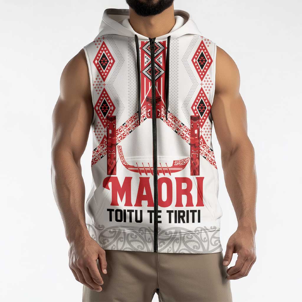 Toitu Te Tiriti Waitangi Sleeveless Zip Hoodie White Wharenui House LT9 - Polynesian Pride