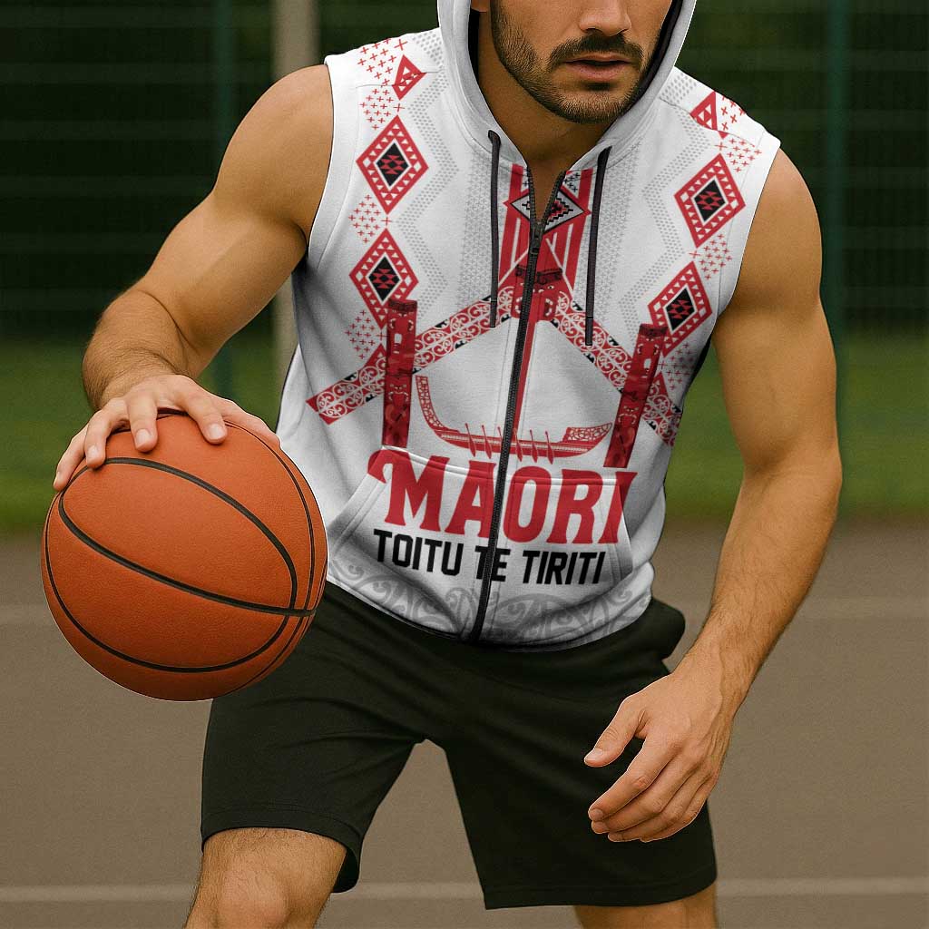 Toitu Te Tiriti Waitangi Sleeveless Zip Hoodie White Wharenui House LT9 - Polynesian Pride