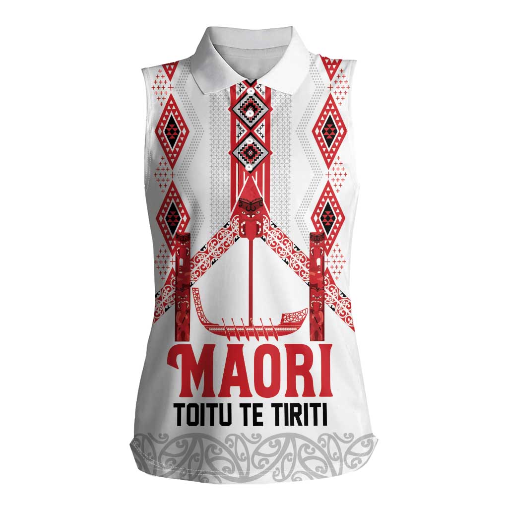 Toitu Te Tiriti Waitangi Women Sleeveless Polo Shirt White Wharenui House LT9 Female white - Polynesian Pride
