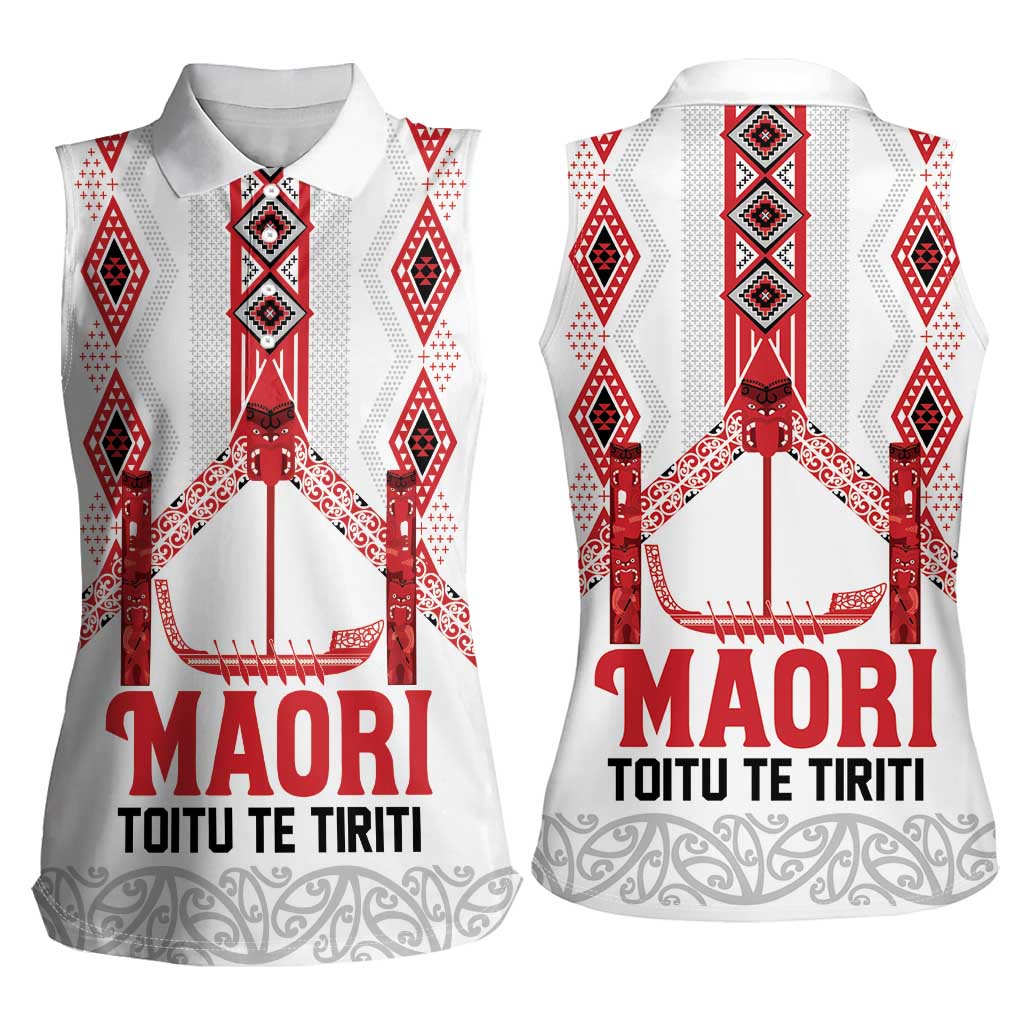 Toitu Te Tiriti Waitangi Women Sleeveless Polo Shirt White Wharenui House LT9 - Polynesian Pride