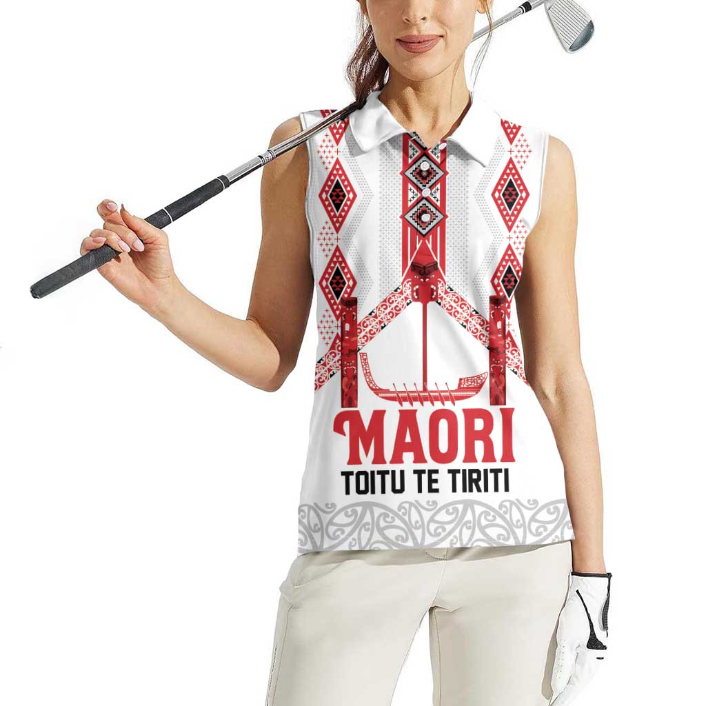 Toitu Te Tiriti Waitangi Women Sleeveless Polo Shirt White Wharenui House LT9 - Polynesian Pride