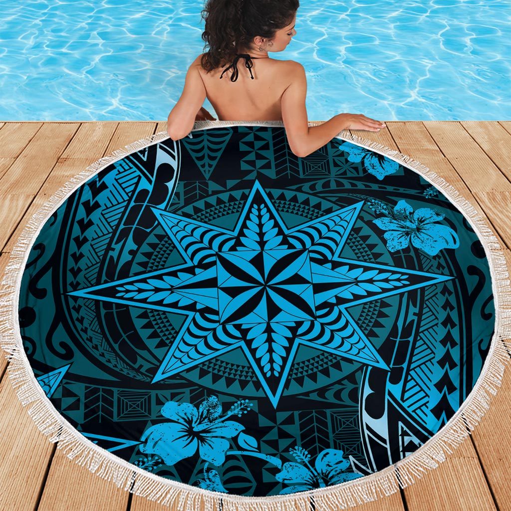 Vintage Tonga Tribal Ngatu Pattern Beach Blanket With Pacific Floral Aqua Art