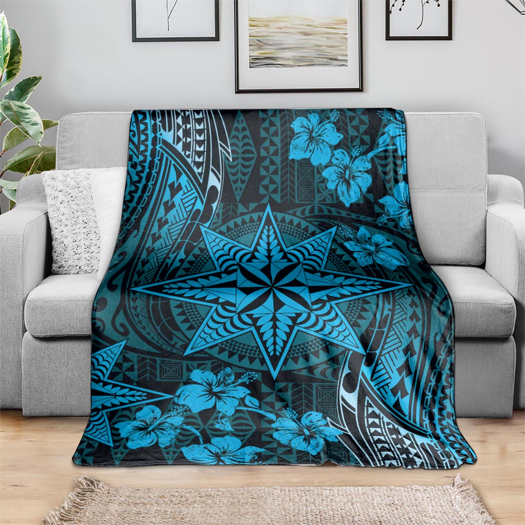 Vintage Tonga Tribal Ngatu Pattern Blanket With Pacific Floral Aqua Art