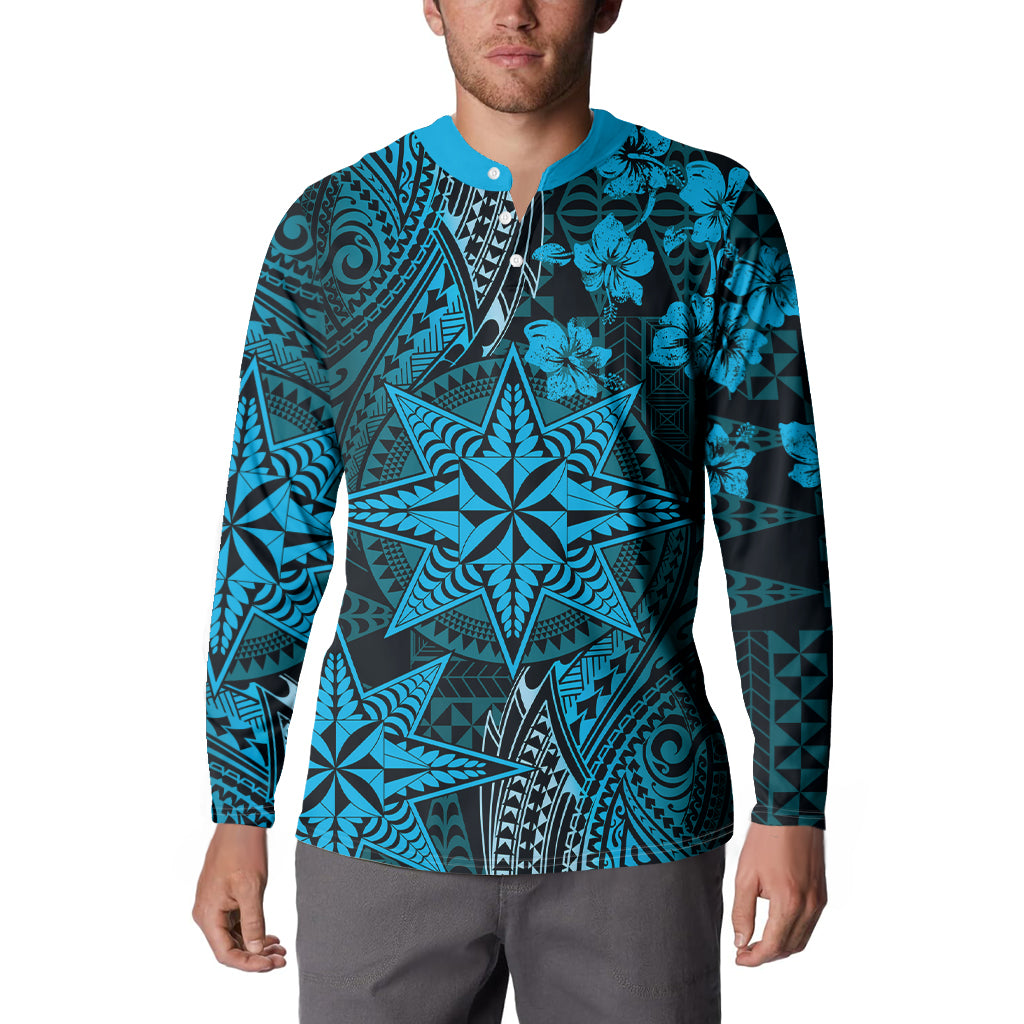 Vintage Tonga Tribal Ngatu Pattern Button Sweatshirt With Pacific Floral Aqua Art