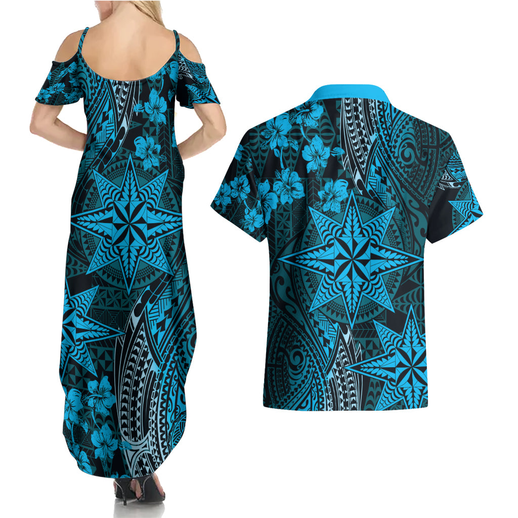 Vintage Tonga Tribal Ngatu Pattern Couples Matching Summer Maxi Dress and Hawaiian Shirt With Pacific Floral Aqua Art