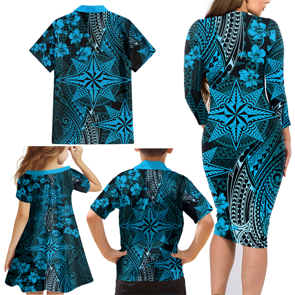Vintage Tonga Tribal Ngatu Pattern Family Matching Long Sleeve Bodycon Dress and Hawaiian Shirt With Pacific Floral Aqua Art