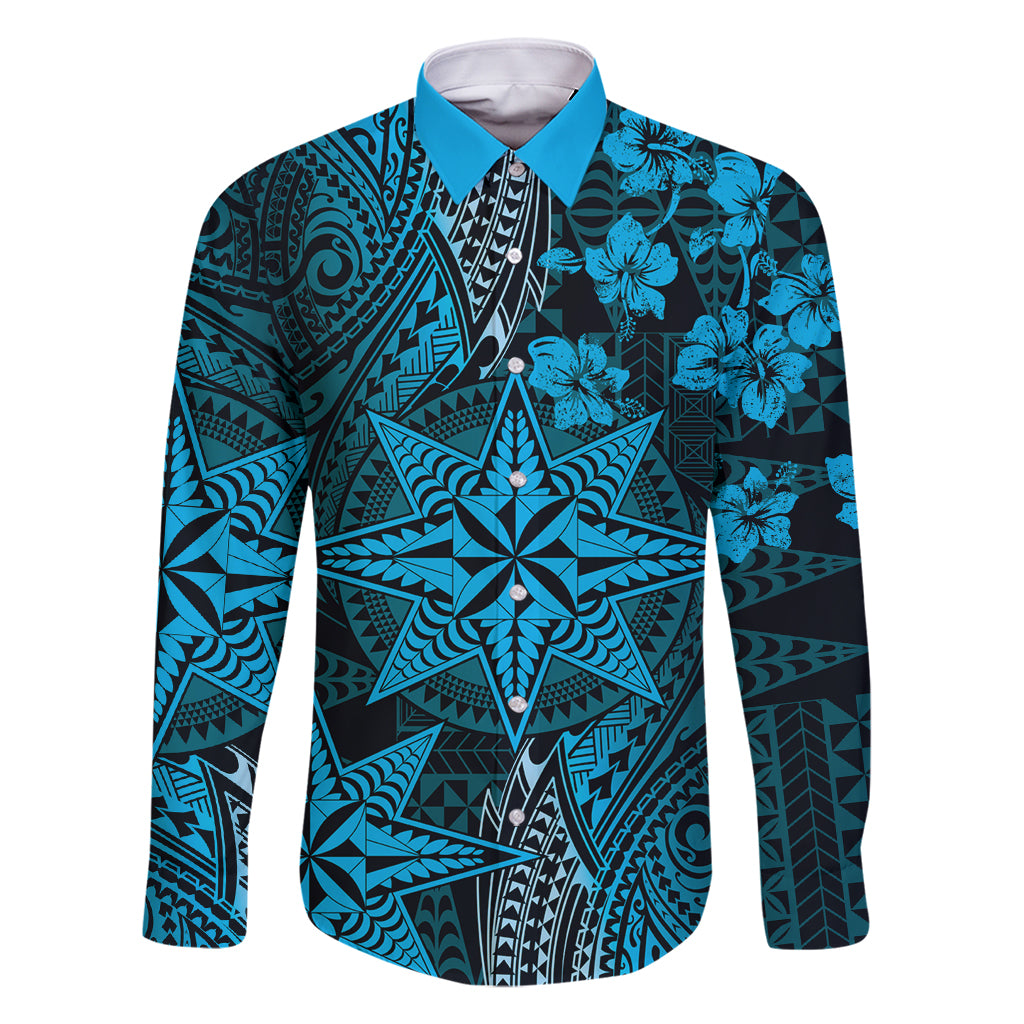 Vintage Tonga Tribal Ngatu Pattern Family Matching Long Sleeve Bodycon Dress and Hawaiian Shirt With Pacific Floral Aqua Art