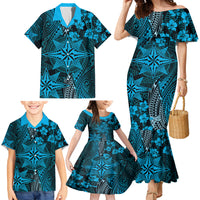 Vintage Tonga Tribal Ngatu Pattern Family Matching Mermaid Dress and Hawaiian Shirt With Pacific Floral Aqua Art