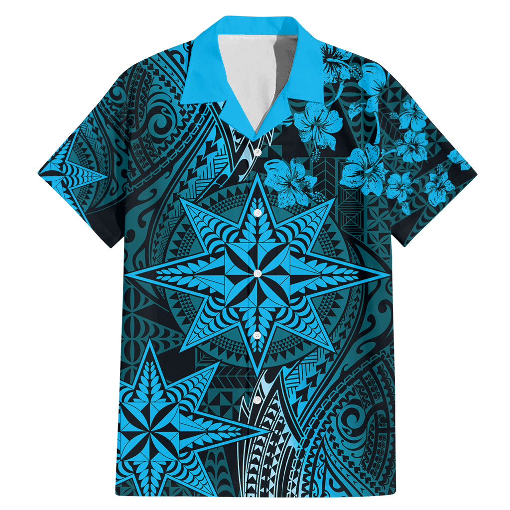 Vintage Tonga Tribal Ngatu Pattern Family Matching Mermaid Dress and Hawaiian Shirt With Pacific Floral Aqua Art