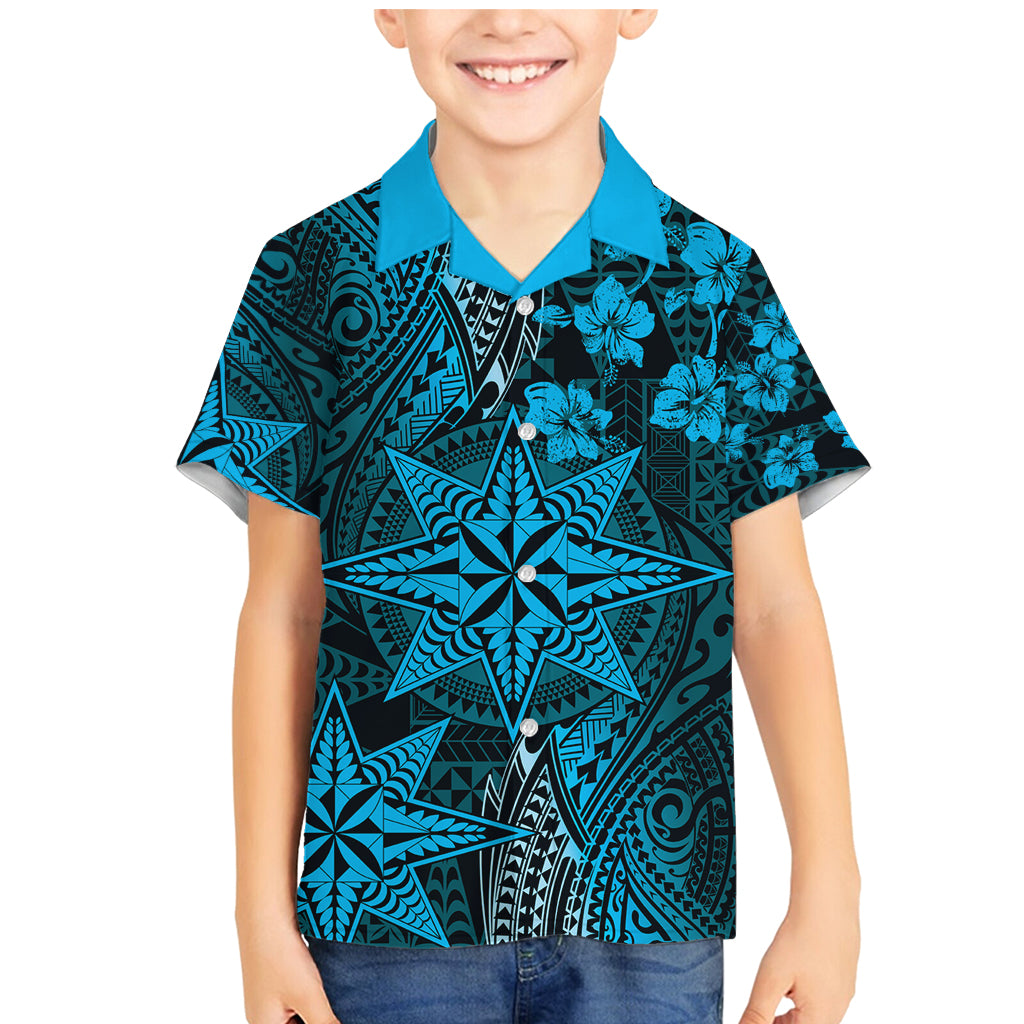Vintage Tonga Tribal Ngatu Pattern Family Matching Mermaid Dress and Hawaiian Shirt With Pacific Floral Aqua Art