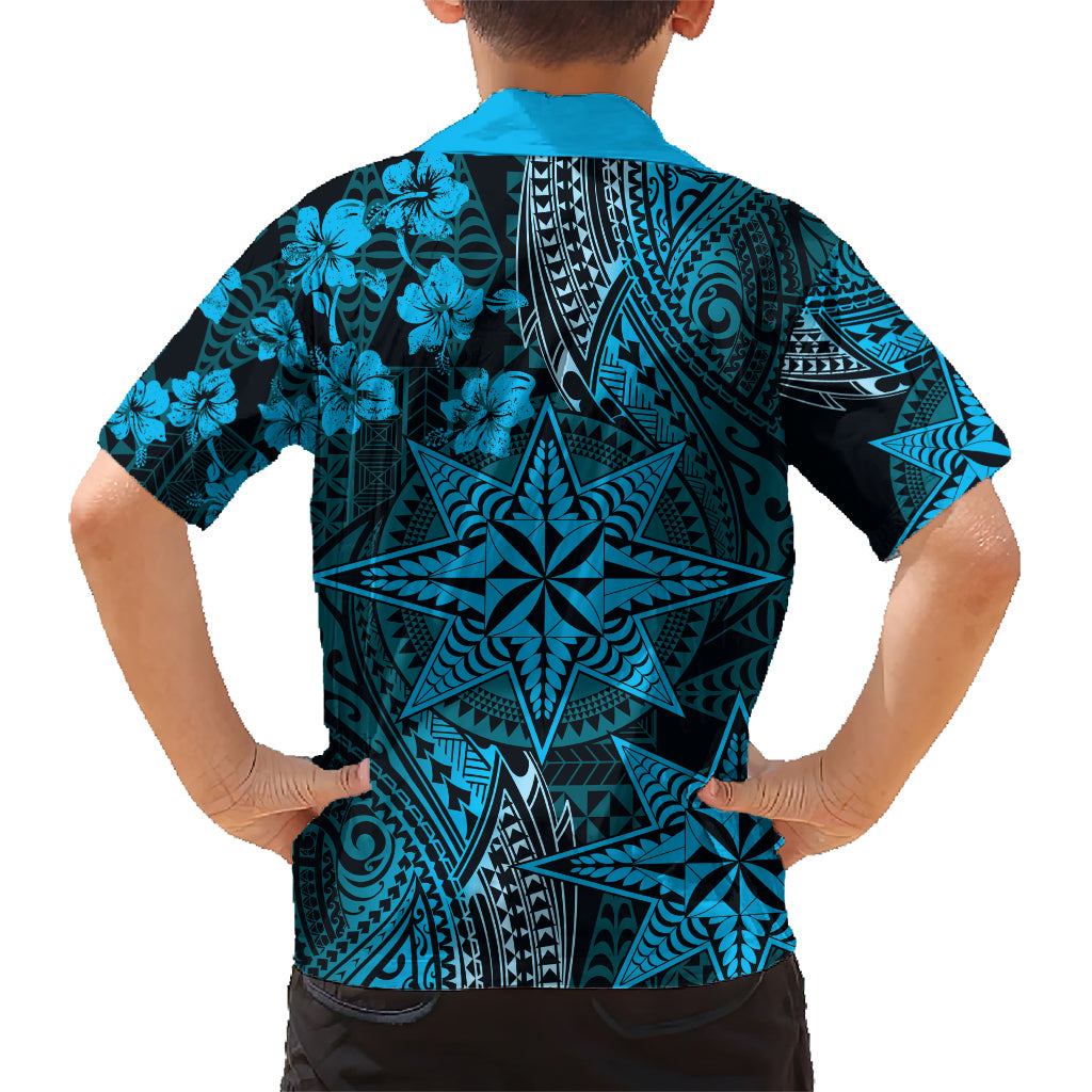 Vintage Tonga Tribal Ngatu Pattern Family Matching Short Sleeve Bodycon Dress and Hawaiian Shirt With Pacific Floral Aqua Art