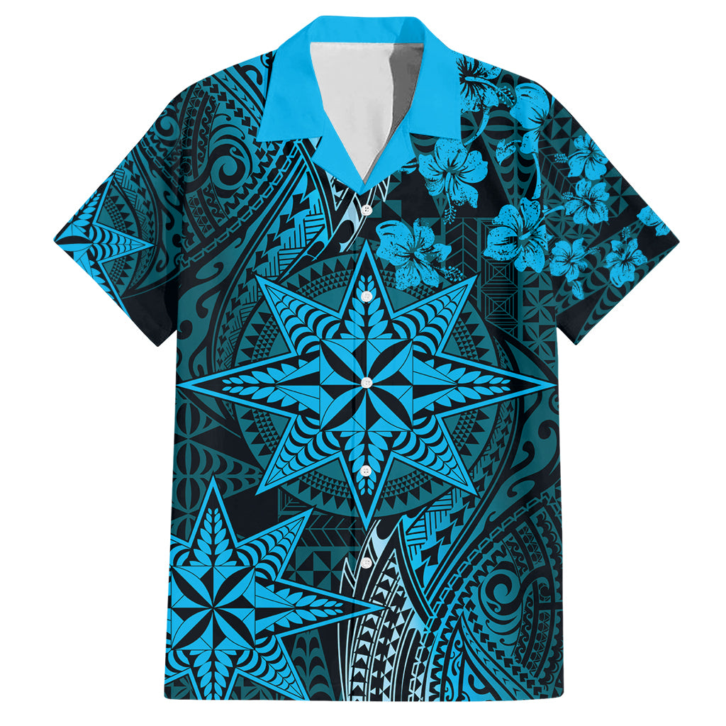Vintage Tonga Tribal Ngatu Pattern Family Matching Short Sleeve Bodycon Dress and Hawaiian Shirt With Pacific Floral Aqua Art