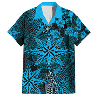 Vintage Tonga Tribal Ngatu Pattern Family Matching Short Sleeve Bodycon Dress and Hawaiian Shirt With Pacific Floral Aqua Art