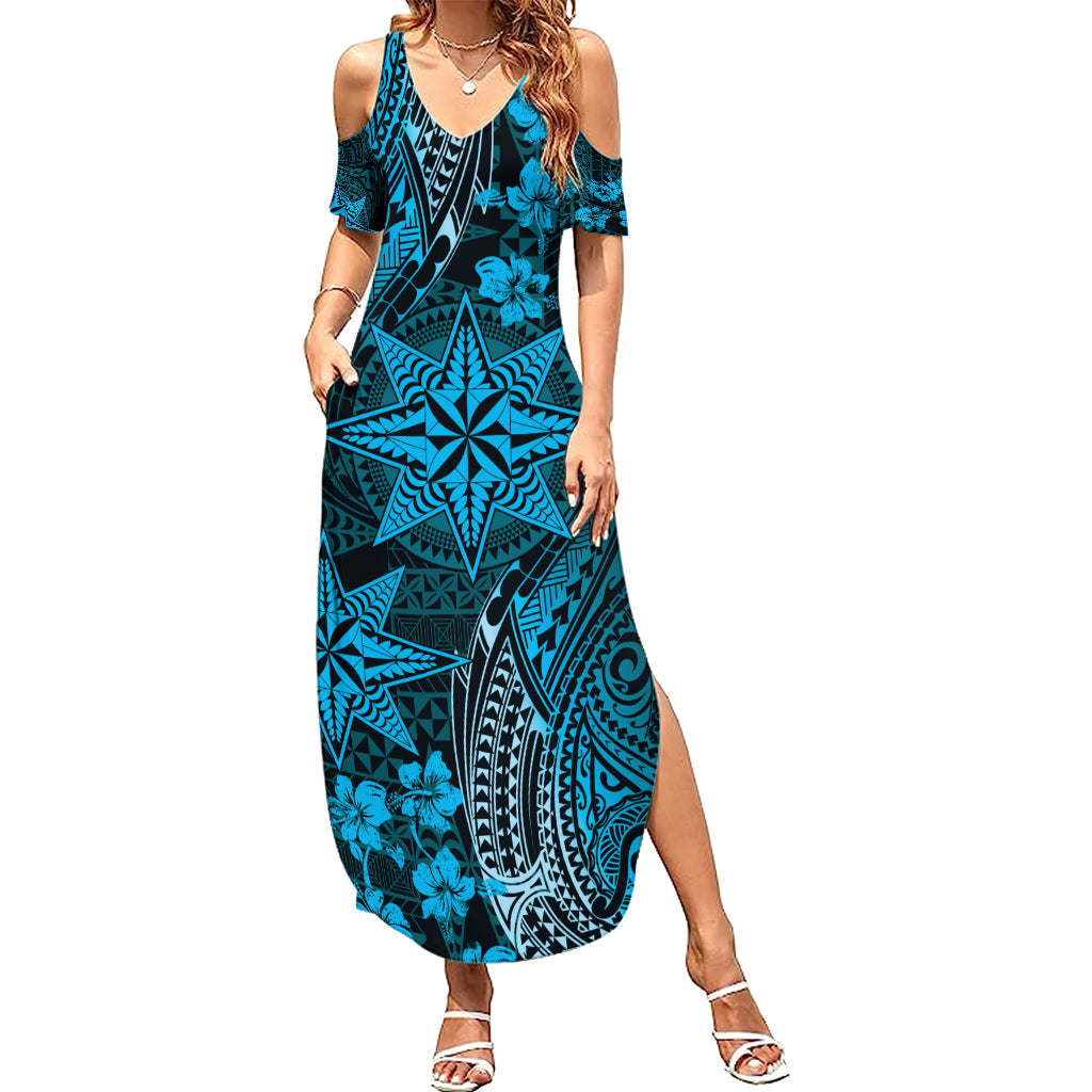 Vintage Tonga Tribal Ngatu Pattern Family Matching Summer Maxi Dress and Hawaiian Shirt With Pacific Floral Aqua Art