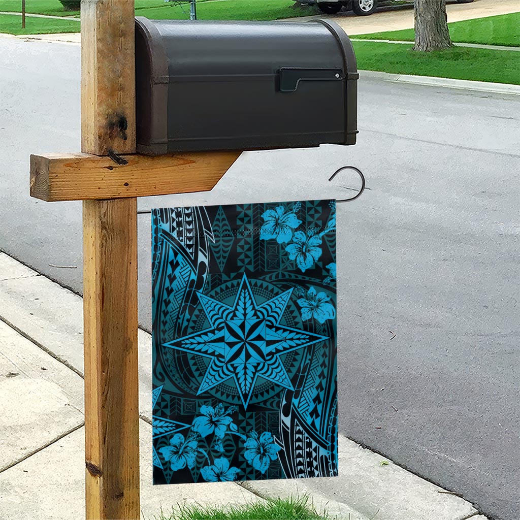 Vintage Tonga Tribal Ngatu Pattern Garden Flag With Pacific Floral Aqua Art