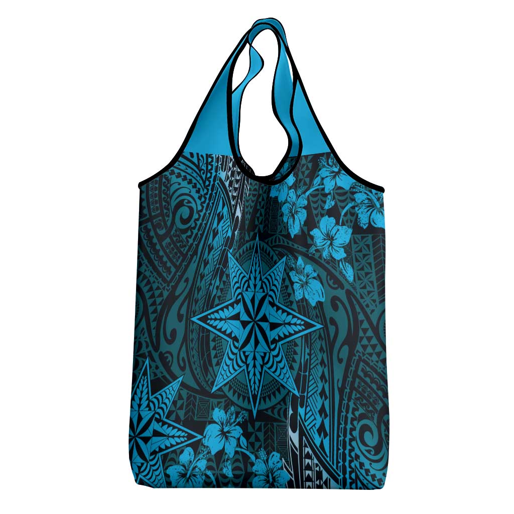 Vintage Tonga Tribal Ngatu Pattern Grocery Bag With Pacific Floral Aqua Art