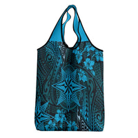 Vintage Tonga Tribal Ngatu Pattern Grocery Bag With Pacific Floral Aqua Art