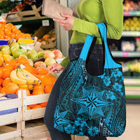 Vintage Tonga Tribal Ngatu Pattern Grocery Bag With Pacific Floral Aqua Art