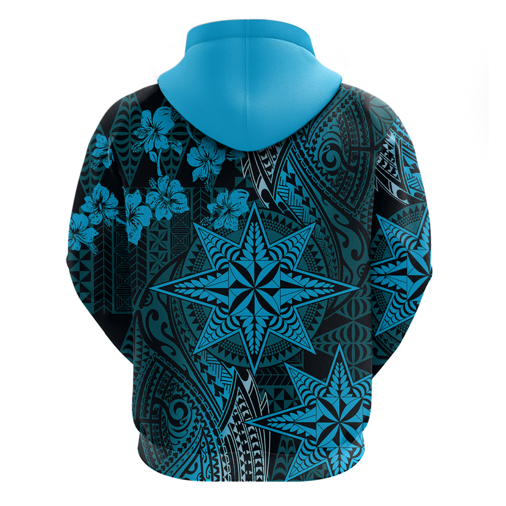 Vintage Tonga Tribal Ngatu Pattern Hoodie With Pacific Floral Aqua Art