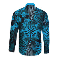 Vintage Tonga Tribal Ngatu Pattern Long Sleeve Button Shirt With Pacific Floral Aqua Art