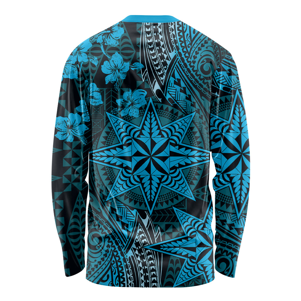Vintage Tonga Tribal Ngatu Pattern Long Sleeve Shirt With Pacific Floral Aqua Art