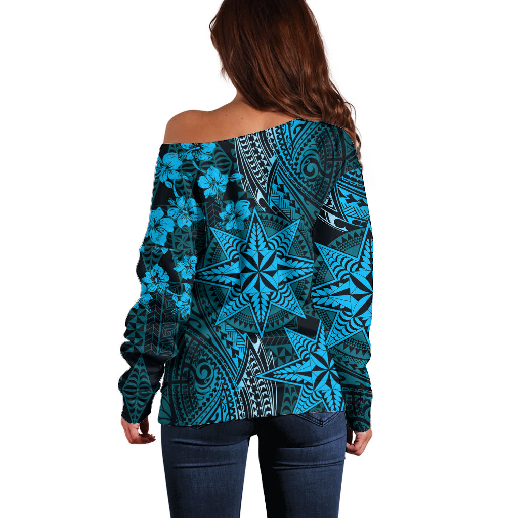 Vintage Tonga Tribal Ngatu Pattern Off Shoulder Sweater With Pacific Floral Aqua Art
