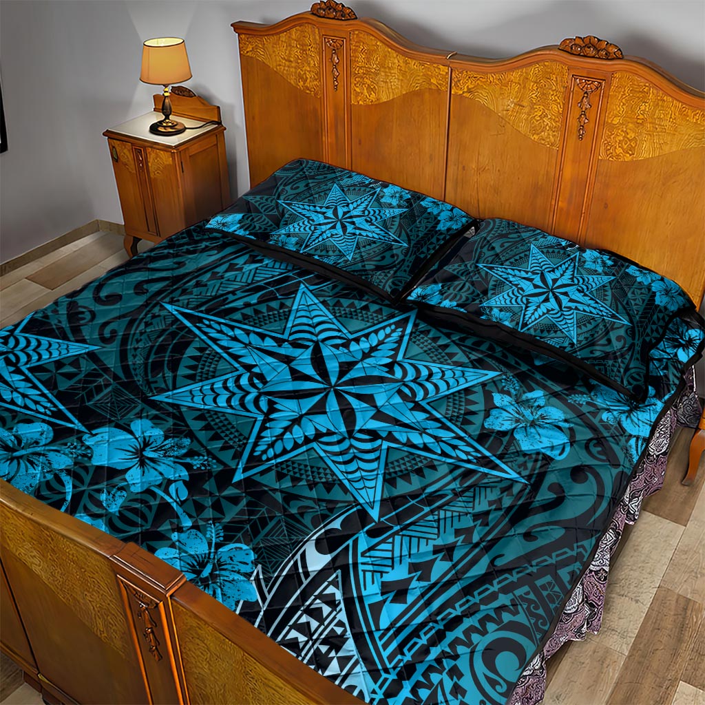 Vintage Tonga Tribal Ngatu Pattern Quilt Bed Set With Pacific Floral Aqua Art