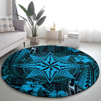 Vintage Tonga Tribal Ngatu Pattern Round Carpet With Pacific Floral Aqua Art