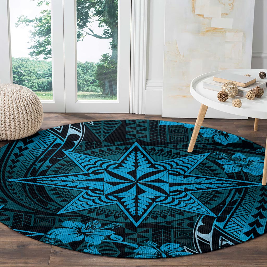 Vintage Tonga Tribal Ngatu Pattern Round Carpet With Pacific Floral Aqua Art