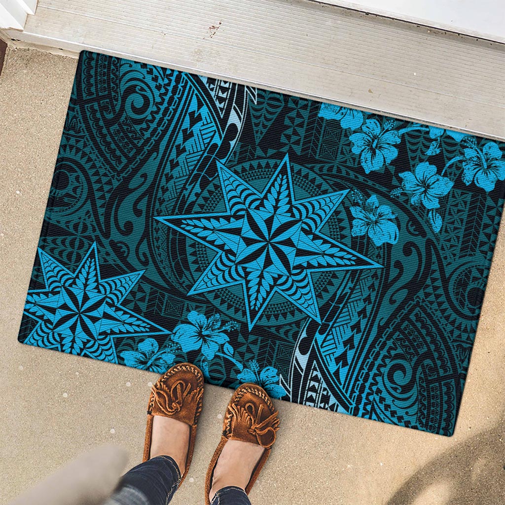Vintage Tonga Tribal Ngatu Pattern Rubber Doormat With Pacific Floral Aqua Art