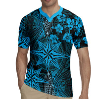 Vintage Tonga Tribal Ngatu Pattern Rugby Jersey With Pacific Floral Aqua Art