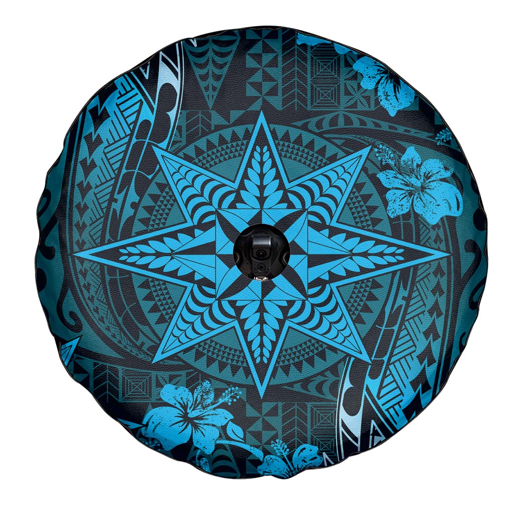 Vintage Tonga Tribal Ngatu Pattern Spare Tire Cover With Pacific Floral Aqua Art